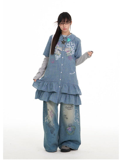 BETWEENAND Blue Deer Print Gingham Doll Collar Women&