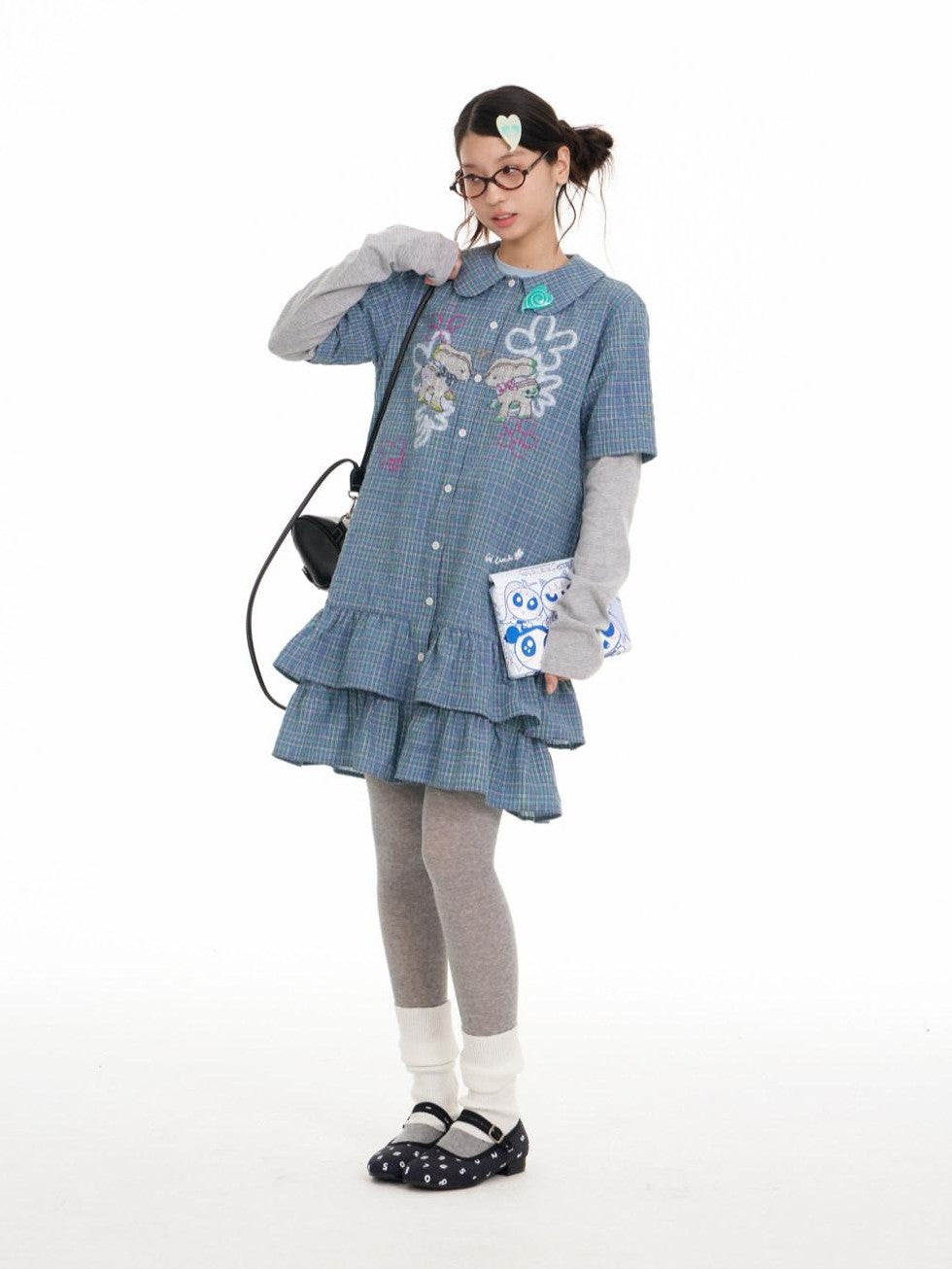 BETWEENAND Blue Deer Print Gingham Doll Collar Women&