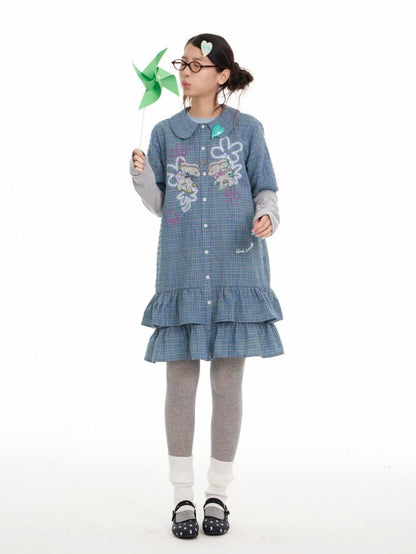 BETWEENAND Blue Deer Print Gingham Doll Collar Women&