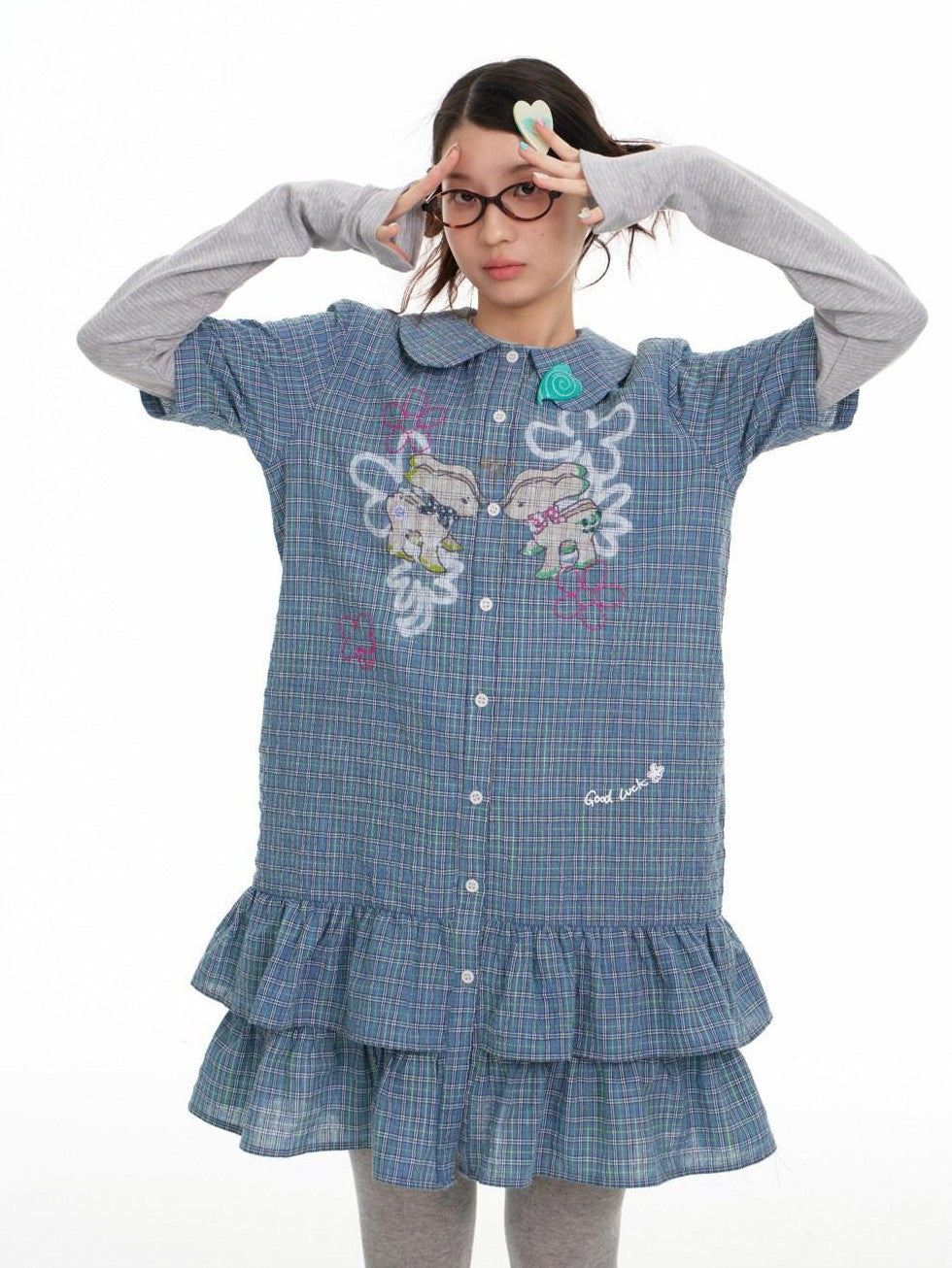 BETWEENAND Blue Deer Print Gingham Doll Collar Women&