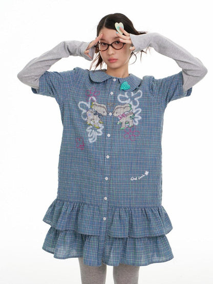BETWEENAND Blue Deer Print Gingham Doll Collar Women&