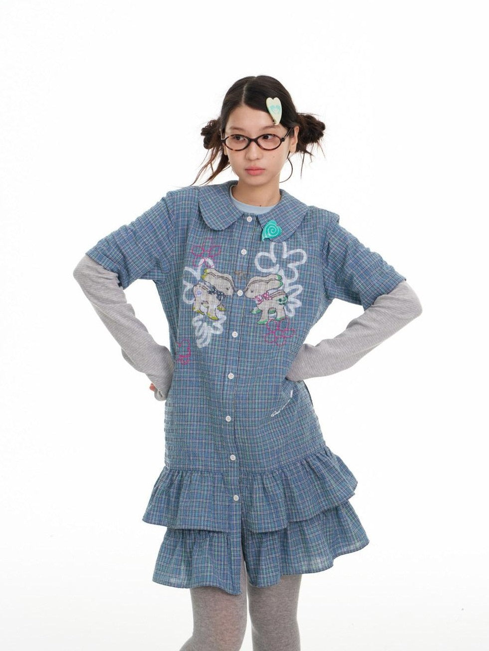 BETWEENAND Blue Deer Print Gingham Doll Collar Women&