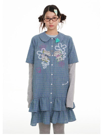 BETWEENAND Blue Deer Print Gingham Doll Collar Women&