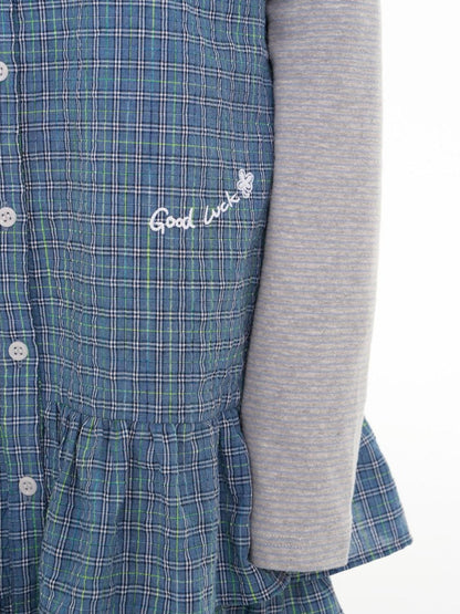 BETWEENAND Blue Deer Print Gingham Doll Collar Women&