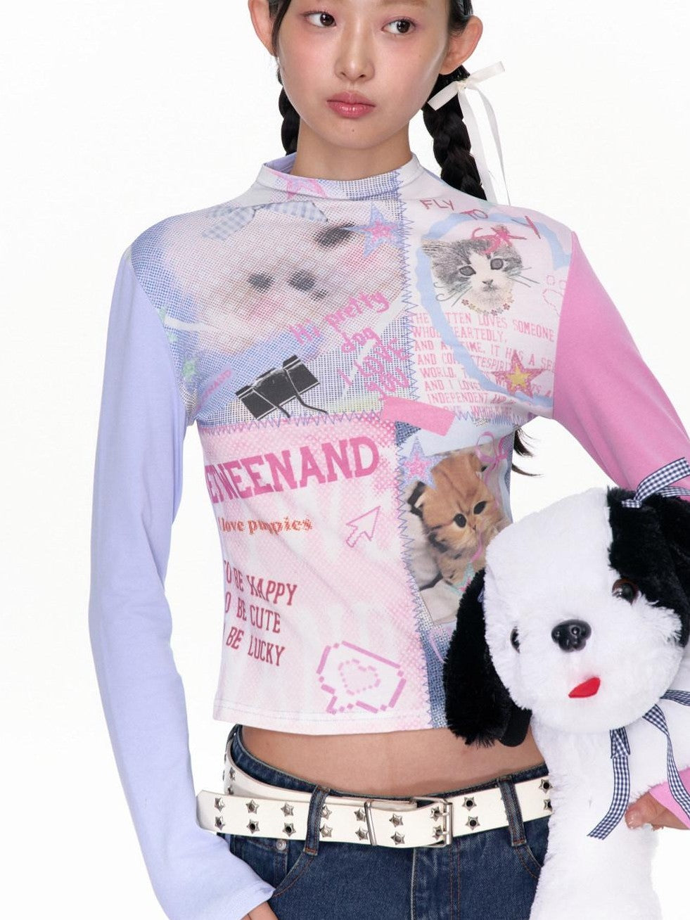 BETWEENAND Blue Pink Colorblock Cat And Dog Print Women&
