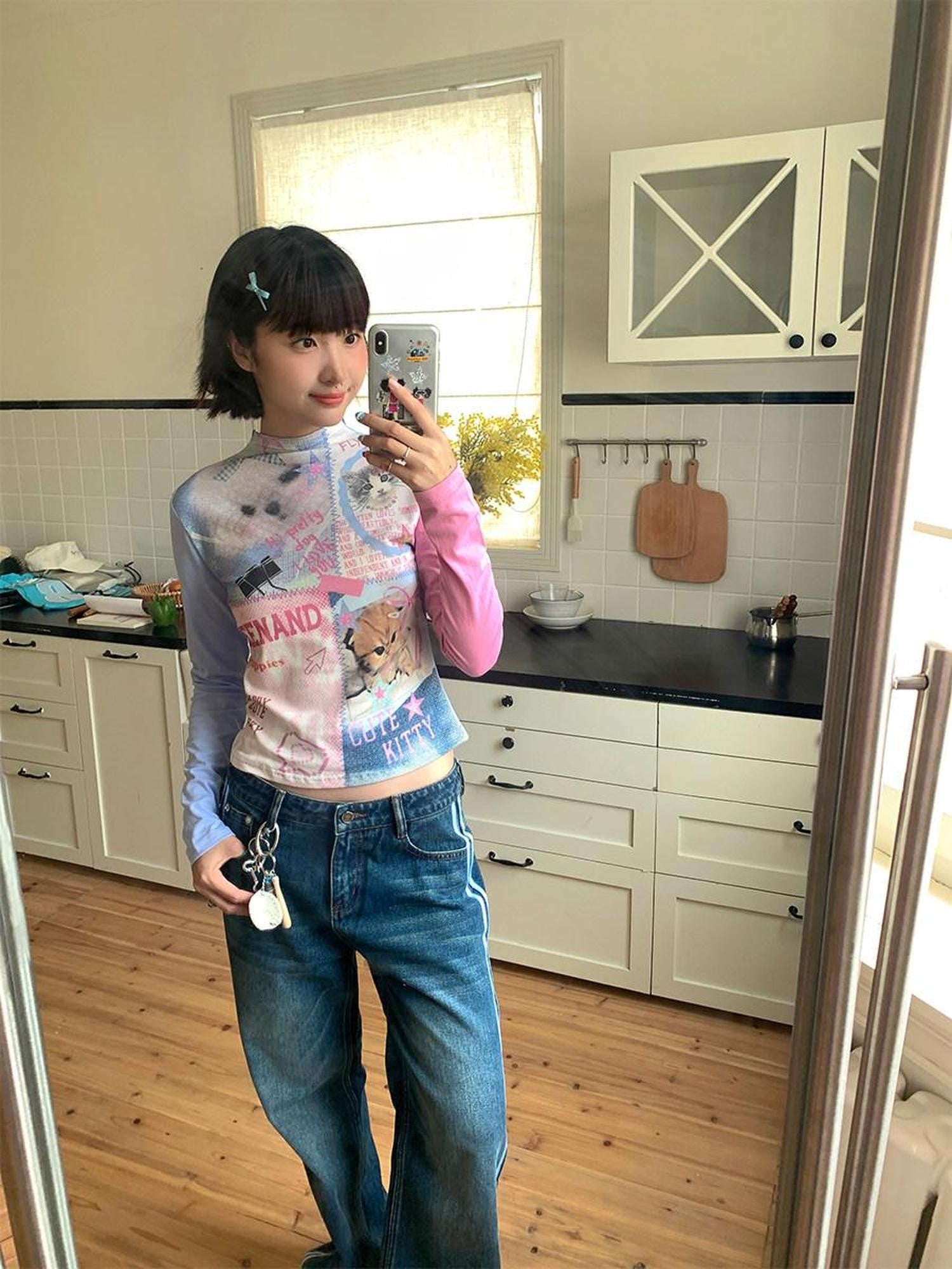 BETWEENAND Blue Pink Colorblock Cat And Dog Print Women&