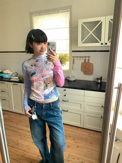 BETWEENAND Blue Pink Colorblock Cat And Dog Print Women&