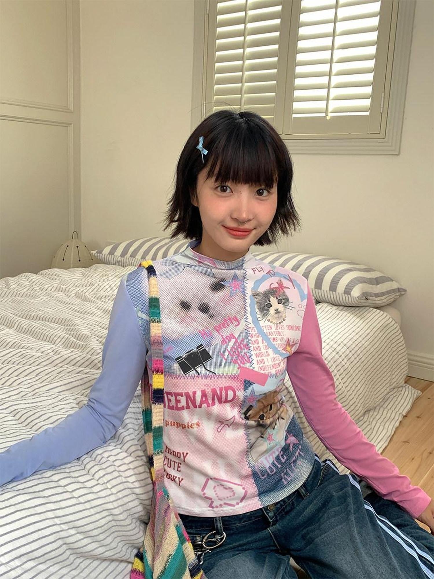 BETWEENAND Blue Pink Colorblock Cat And Dog Print Women&