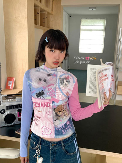 BETWEENAND Blue Pink Colorblock Cat And Dog Print Women&