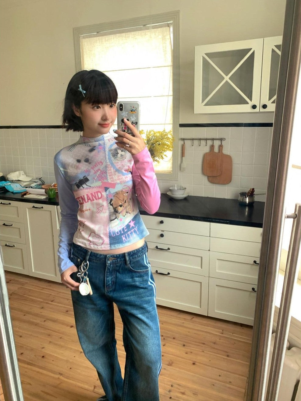 BETWEENAND Blue Pink Colorblock Cat And Dog Print Women&