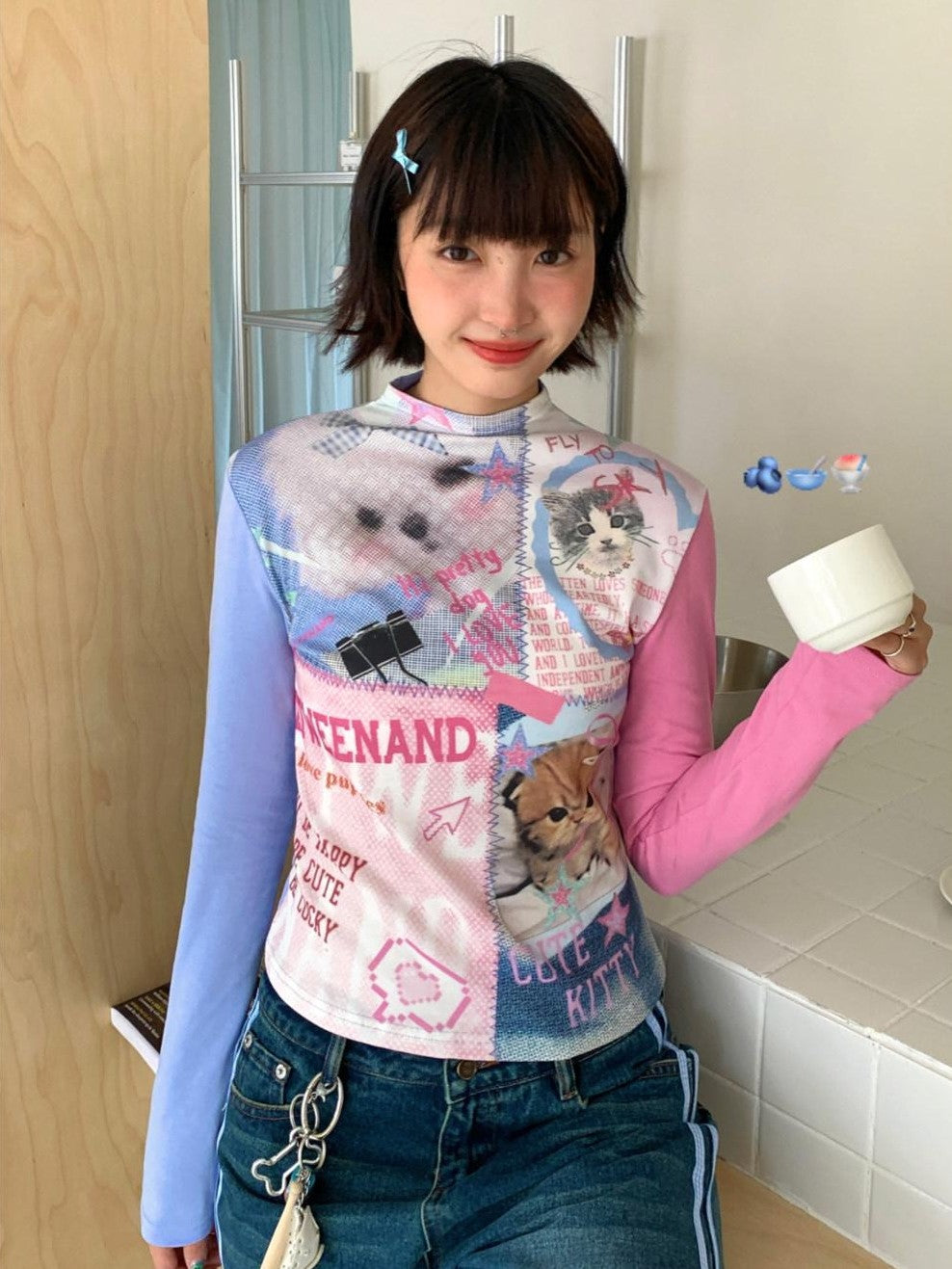 BETWEENAND Blue Pink Colorblock Cat And Dog Print Women&