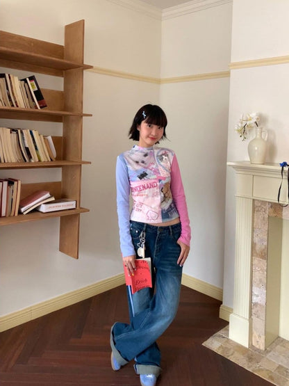 BETWEENAND Blue Pink Colorblock Cat And Dog Print Women&