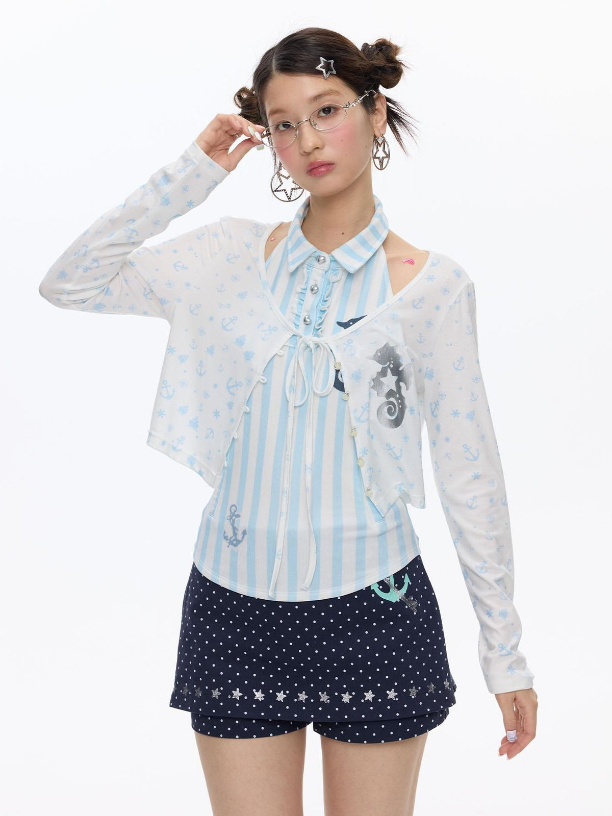BETWEENAND Blue Seahorse Striped Polo Collar Women&