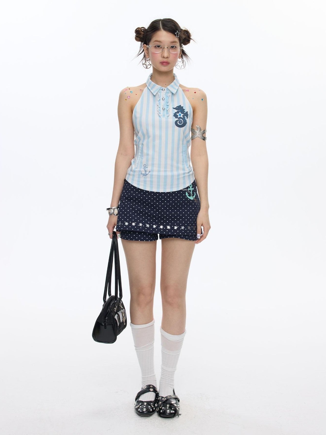 BETWEENAND Blue Seahorse Striped Polo Collar Women&