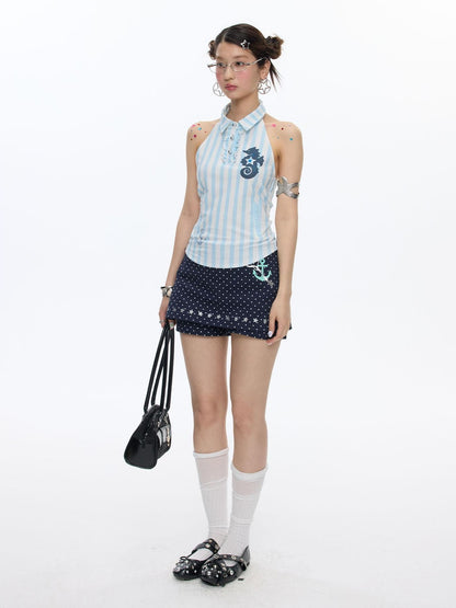 BETWEENAND Blue Seahorse Striped Polo Collar Women&