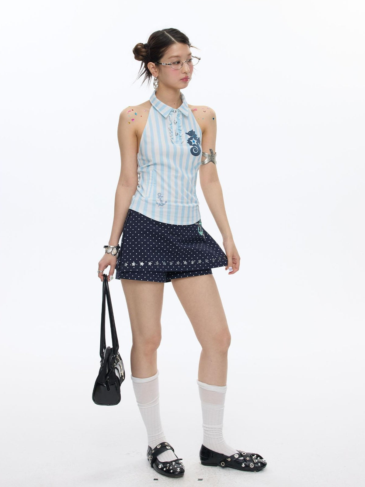 BETWEENAND Blue Seahorse Striped Polo Collar Women&