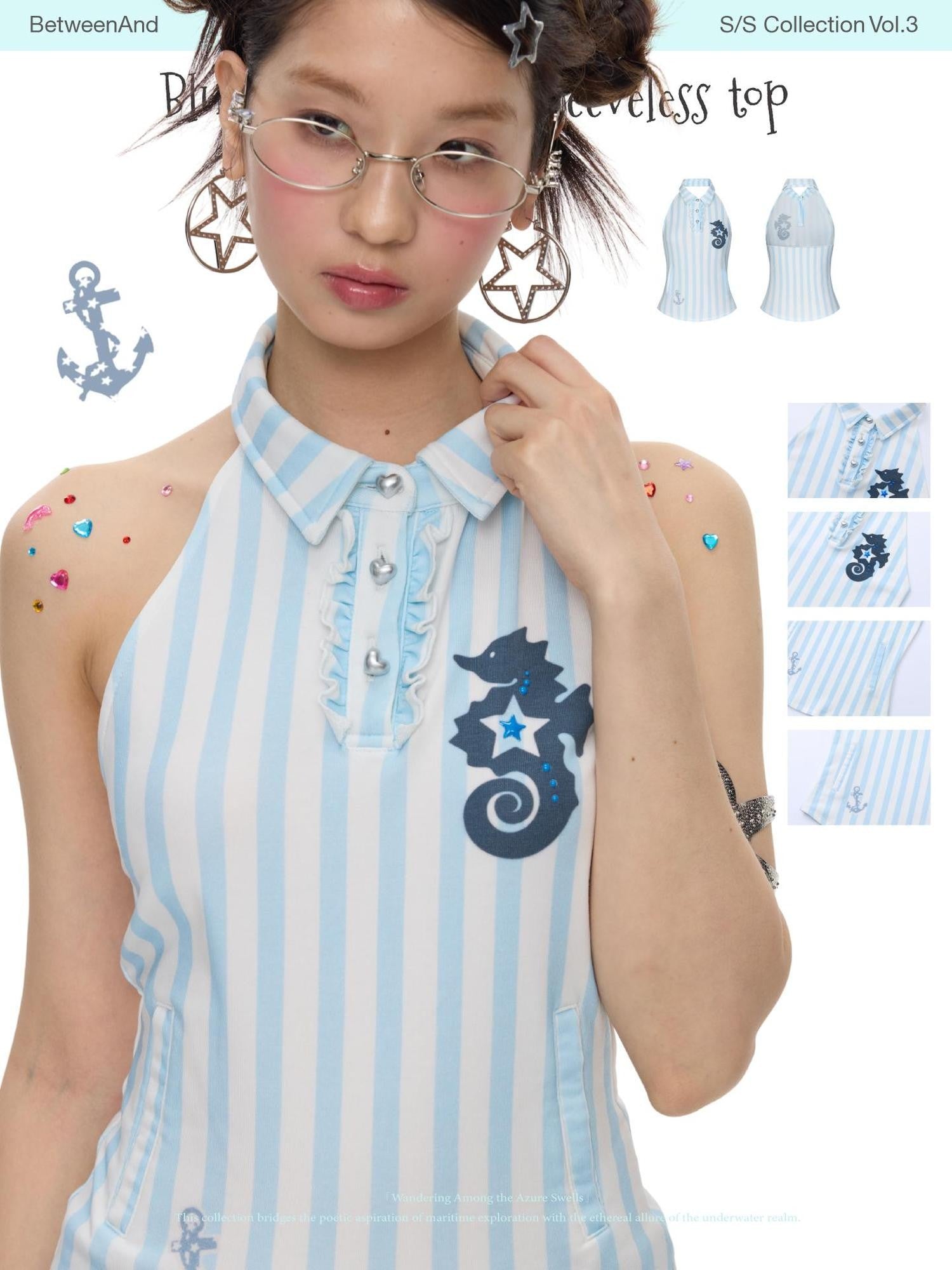 BETWEENAND Blue Seahorse Striped Polo Collar Women&