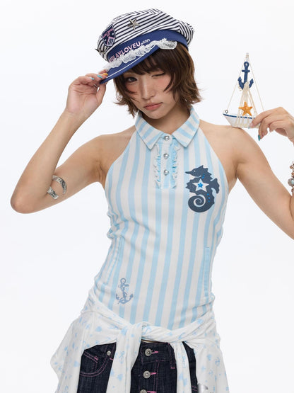 BETWEENAND Blue Seahorse Striped Polo Collar Women&