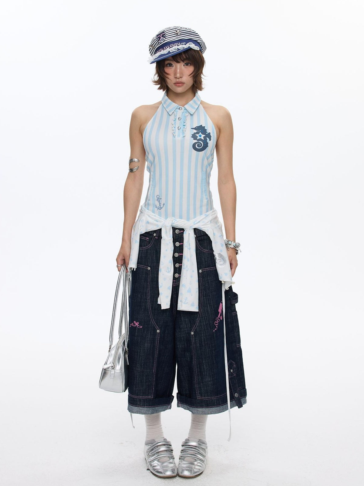 BETWEENAND Blue Seahorse Striped Polo Collar Women&