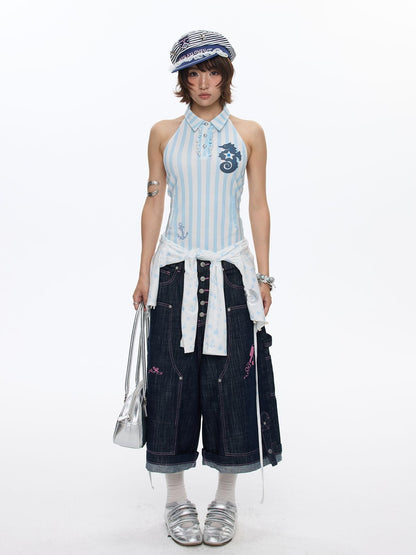 BETWEENAND Blue Seahorse Striped Polo Collar Women&