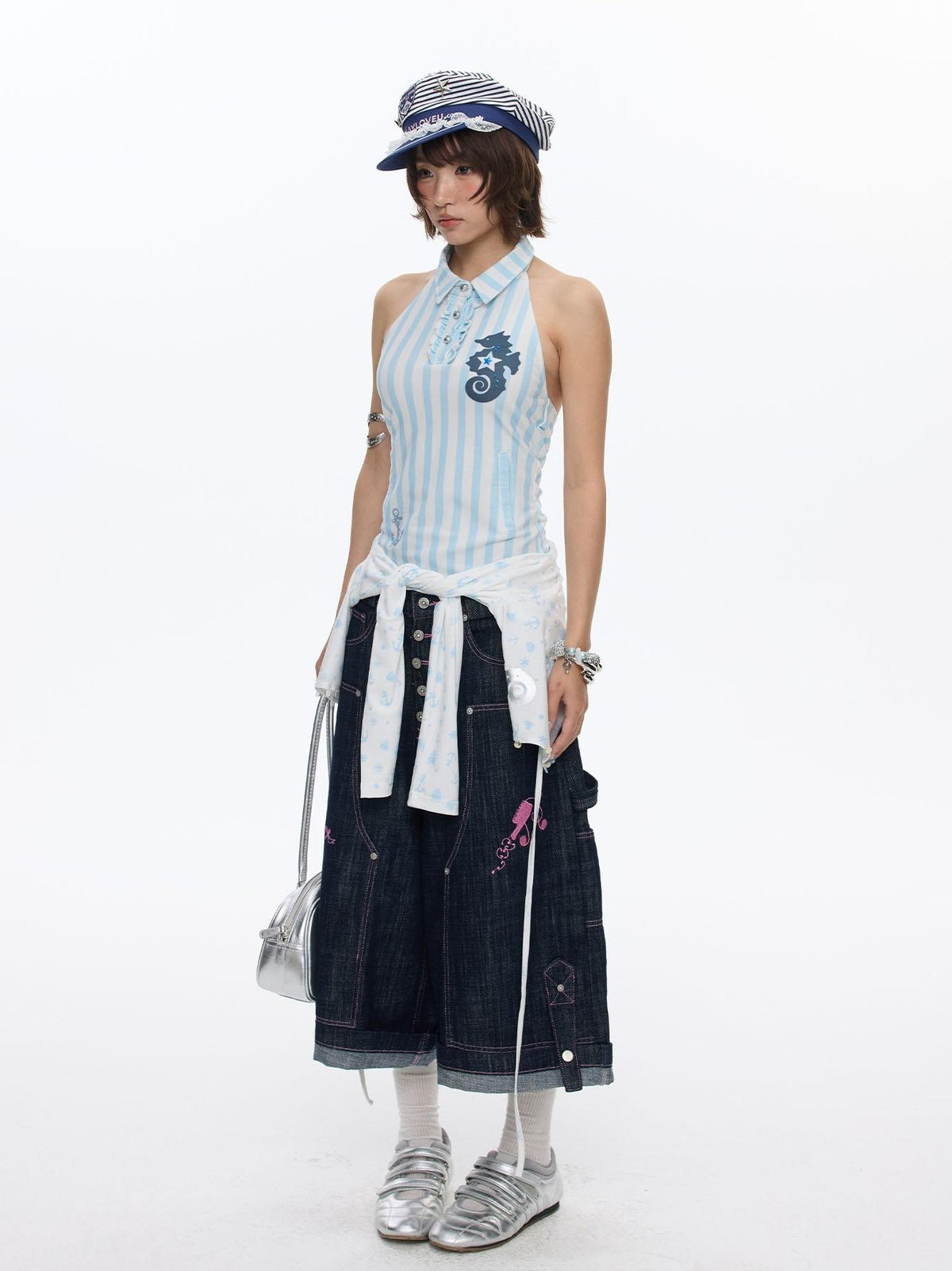 BETWEENAND Blue Seahorse Striped Polo Collar Women&