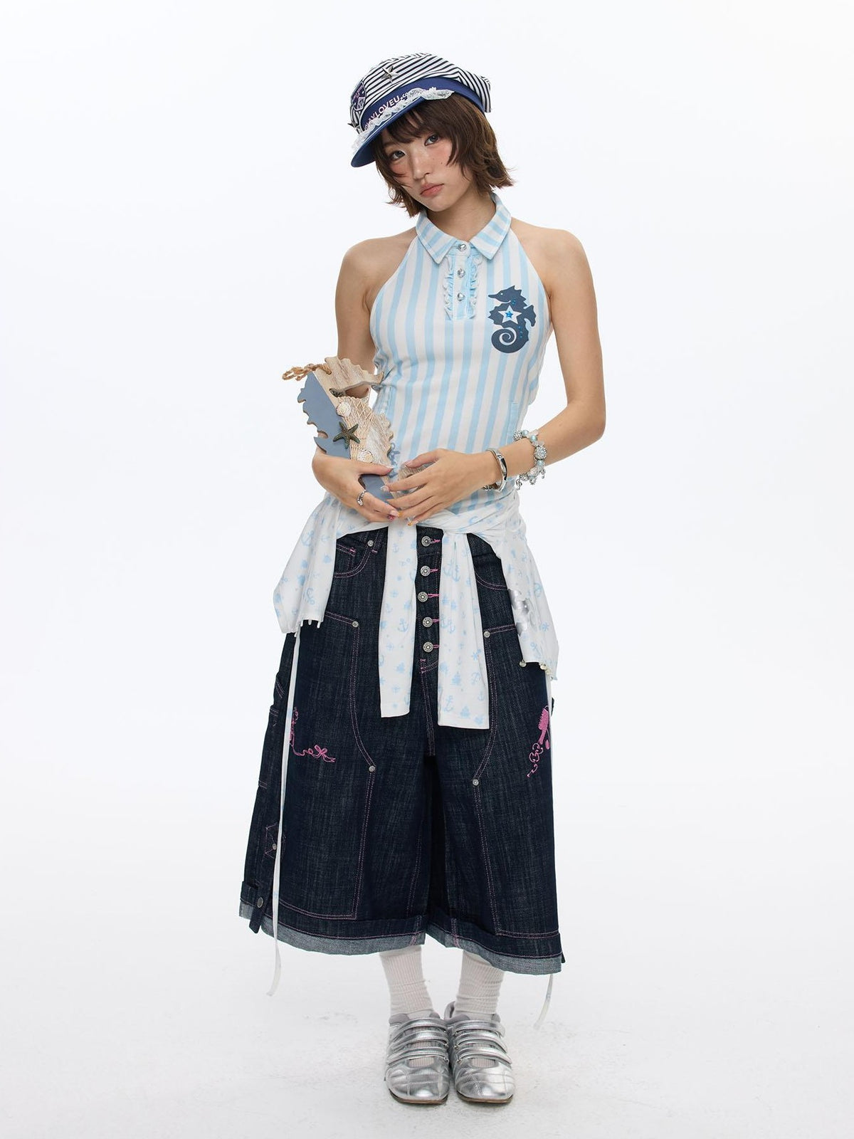 BETWEENAND Blue Seahorse Striped Polo Collar Women&