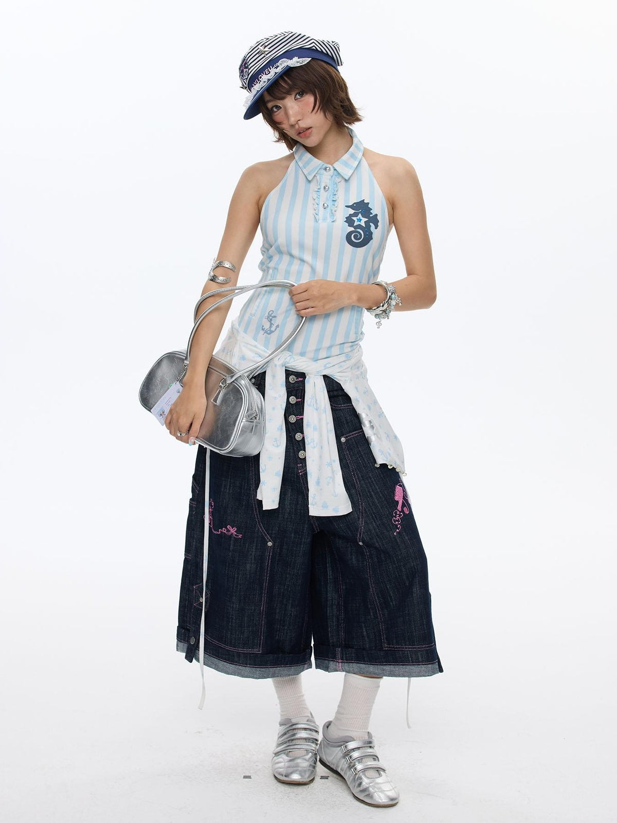 BETWEENAND Blue Seahorse Striped Polo Collar Women&