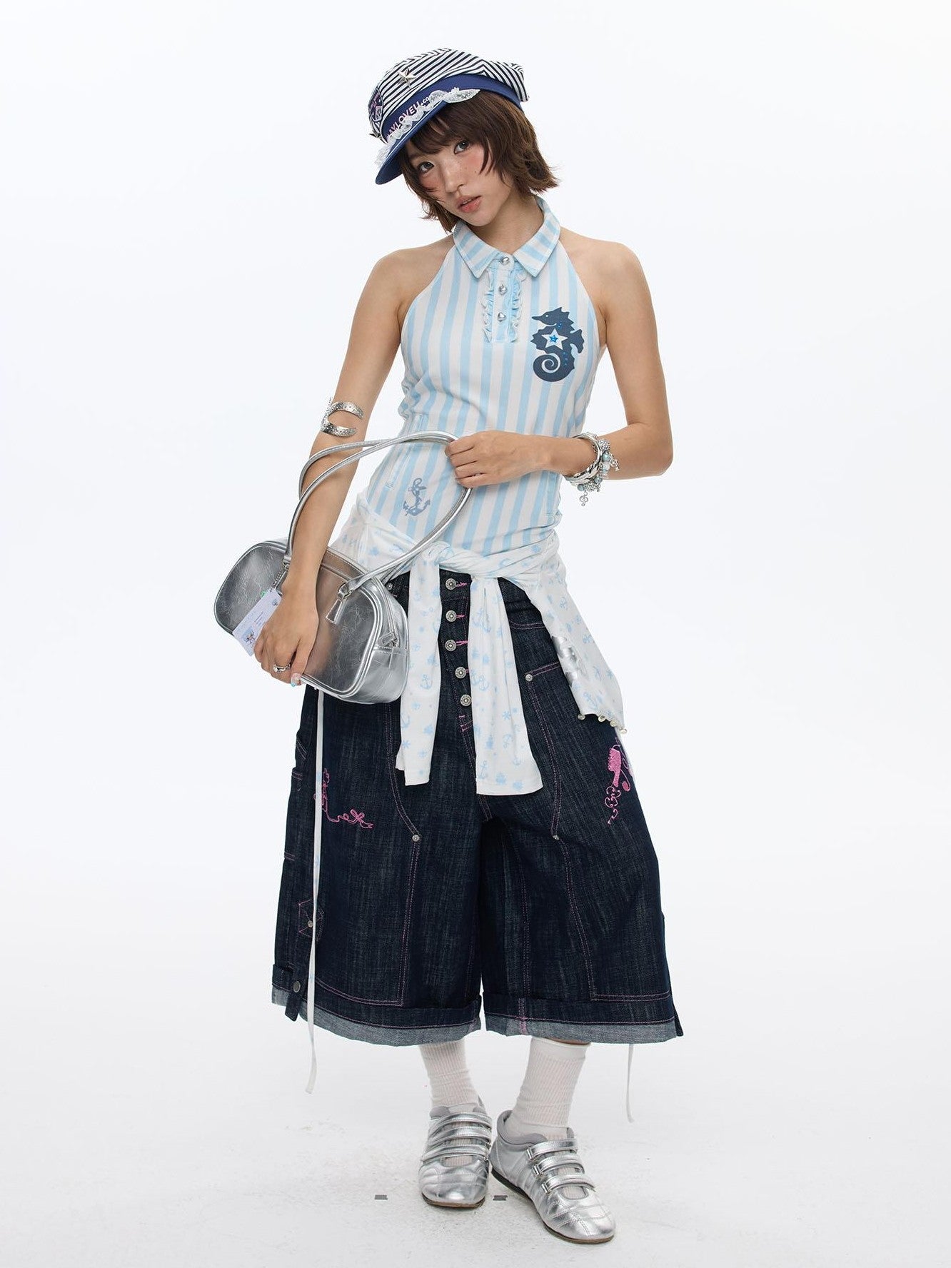 BETWEENAND Blue Seahorse Striped Polo Collar Women&
