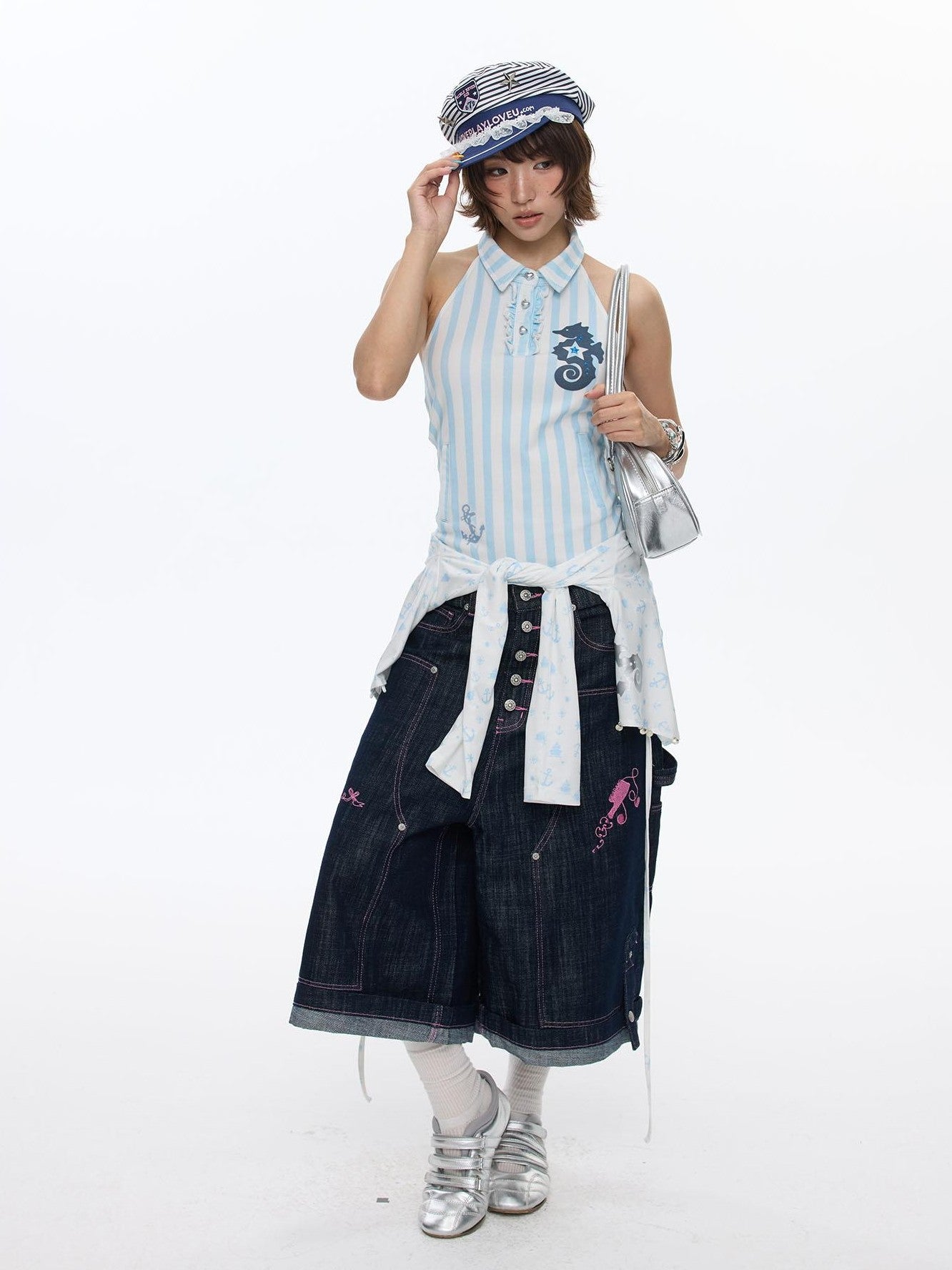 BETWEENAND Blue Seahorse Striped Polo Collar Women&