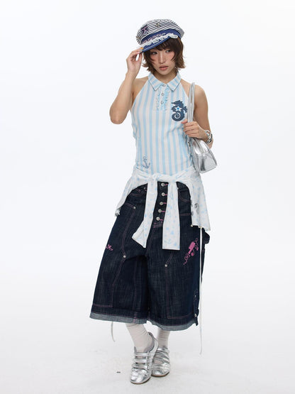 BETWEENAND Blue Seahorse Striped Polo Collar Women&