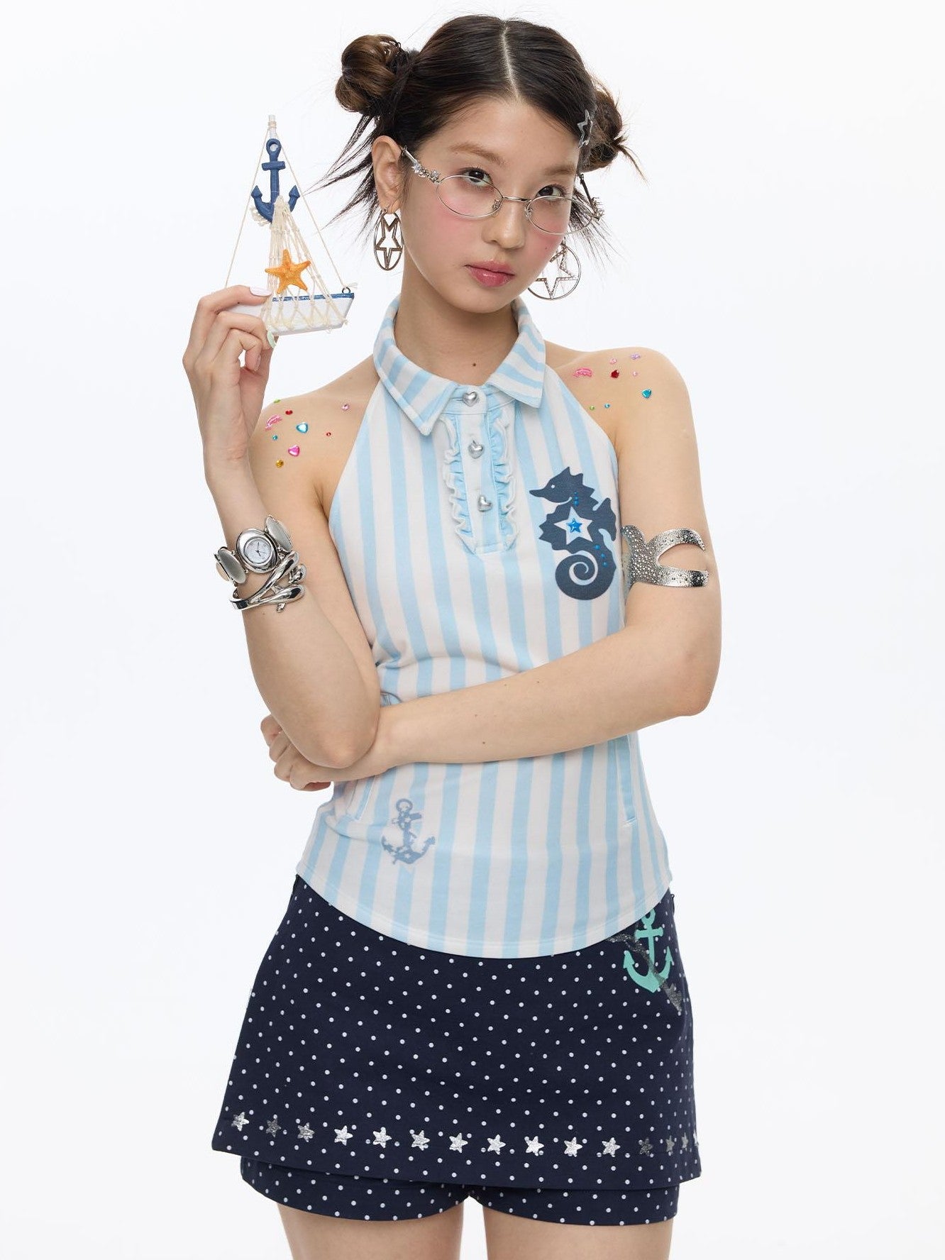 BETWEENAND Blue Seahorse Striped Polo Collar Women&