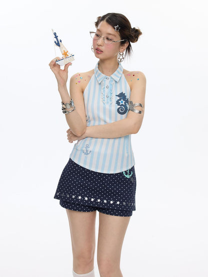 BETWEENAND Blue Seahorse Striped Polo Collar Women&