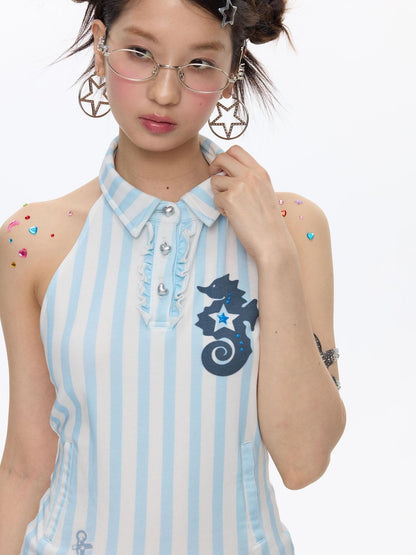 BETWEENAND Blue Seahorse Striped Polo Collar Women&
