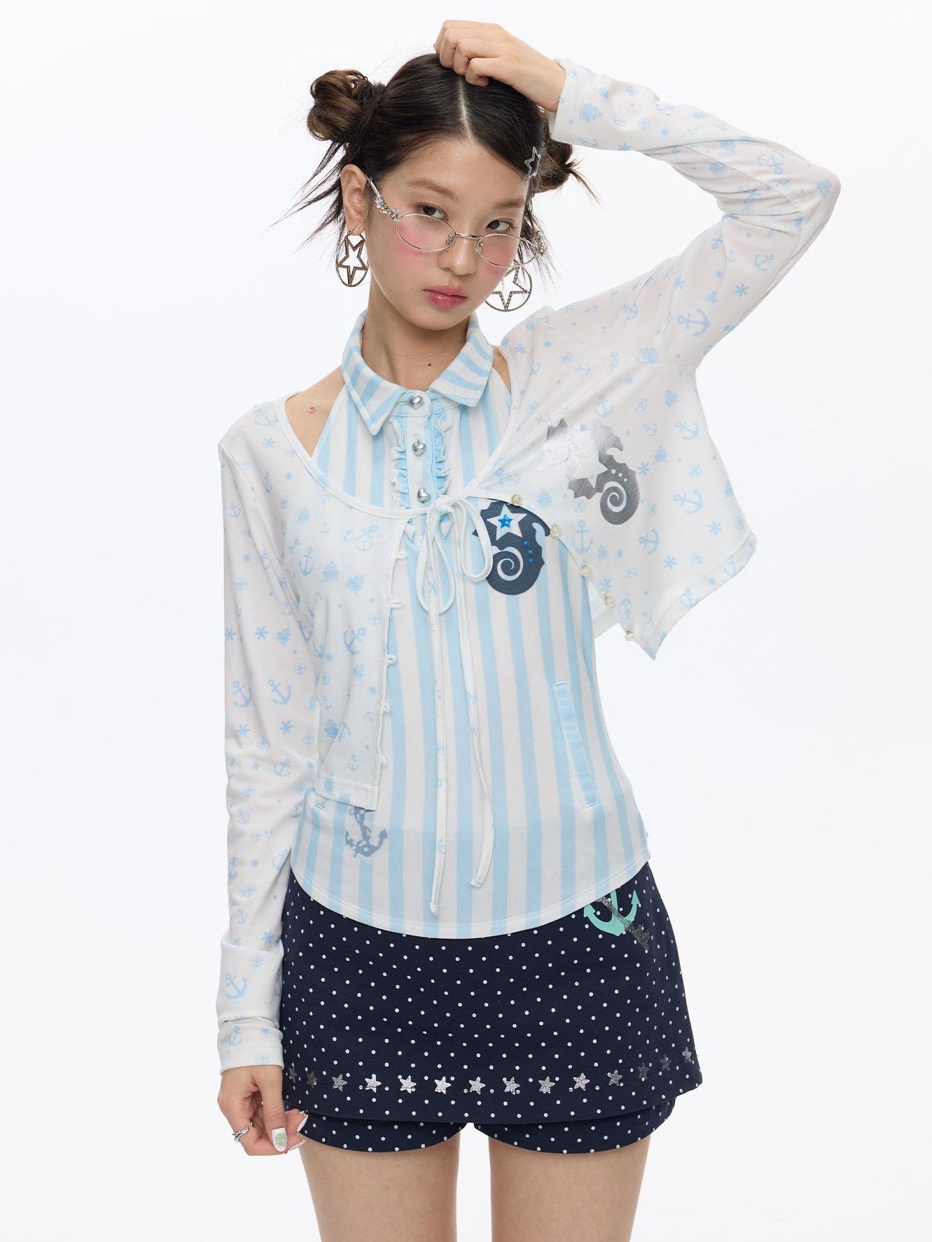 BETWEENAND Blue Seahorse Striped Polo Collar Women&