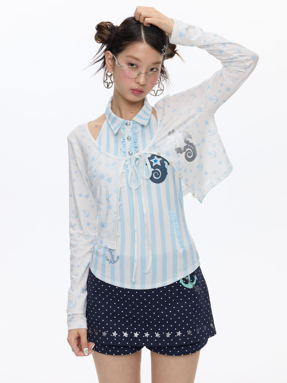 BETWEENAND Blue Seahorse Striped Polo Collar Women&