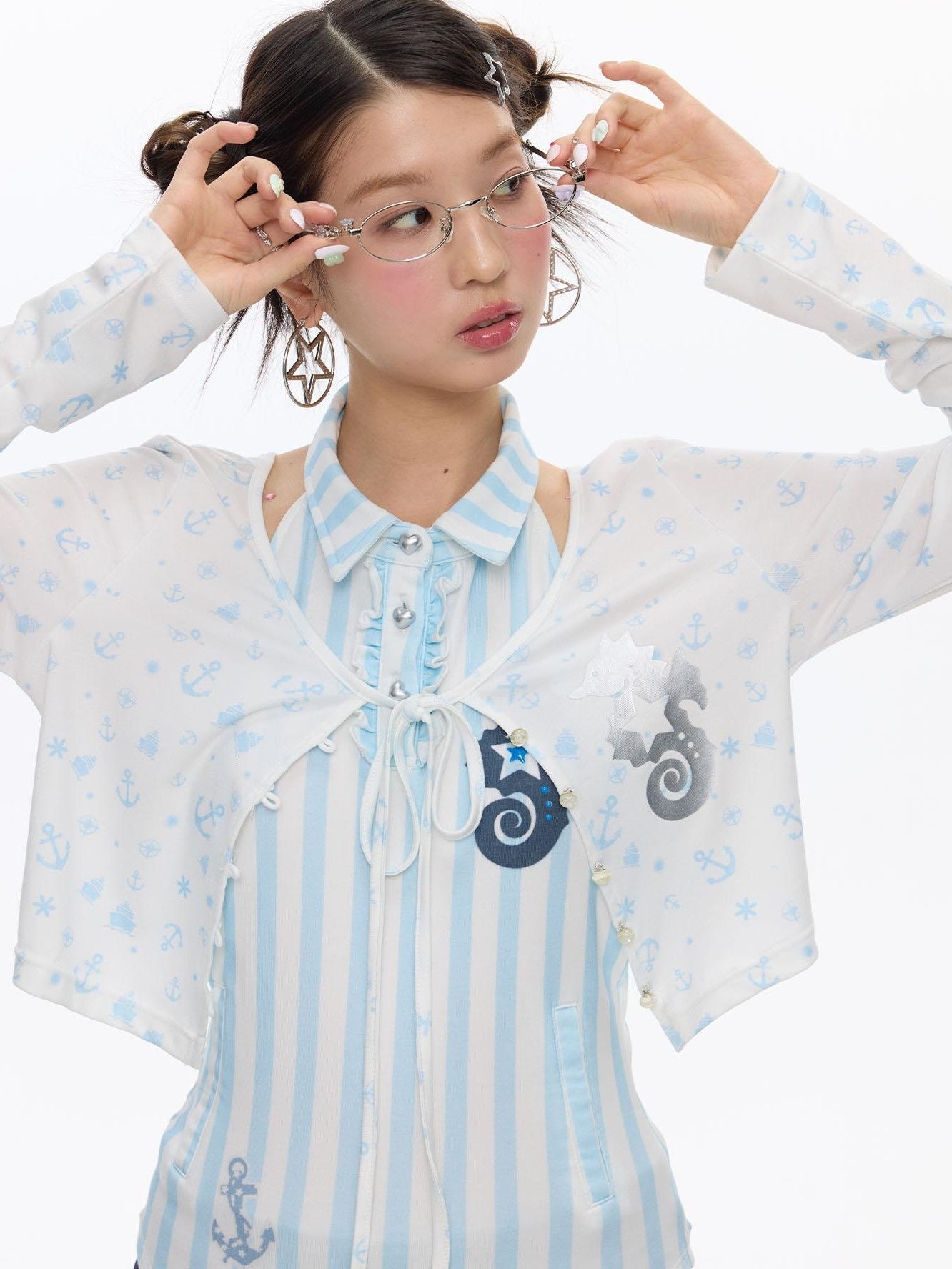 BETWEENAND Blue Seahorse Striped Polo Collar Women&