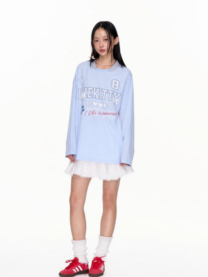 BETWEENAND Blue Striped Fun Print Spliced Sporty Women&