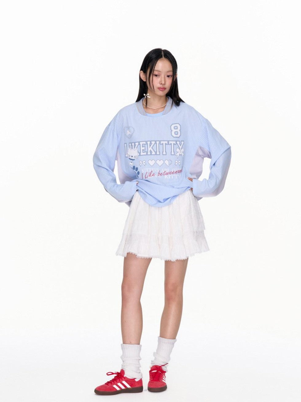 BETWEENAND Blue Striped Fun Print Spliced Sporty Women&