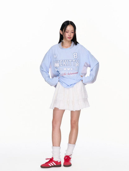 BETWEENAND Blue Striped Fun Print Spliced Sporty Women&