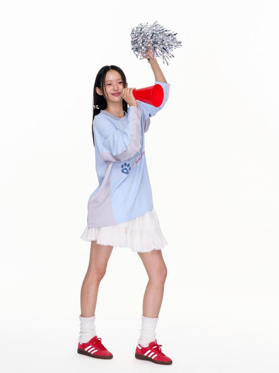 BETWEENAND Blue Striped Fun Print Spliced Sporty Women&