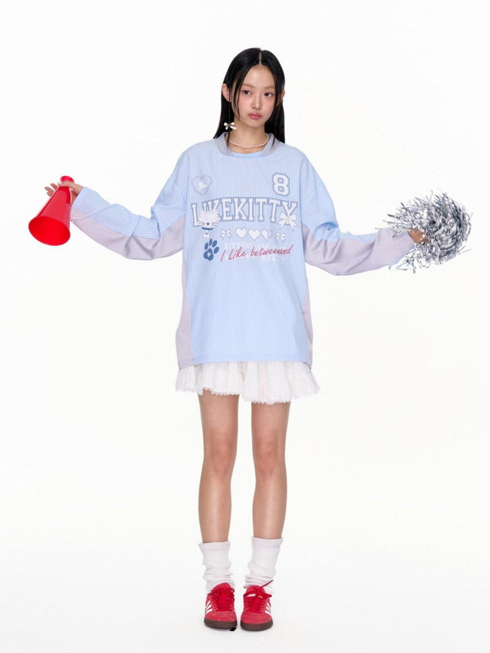 BETWEENAND Blue Striped Fun Print Spliced Sporty Women&
