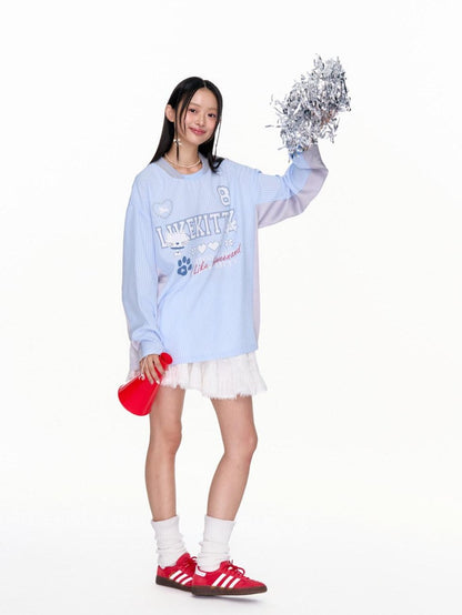BETWEENAND Blue Striped Fun Print Spliced Sporty Women&