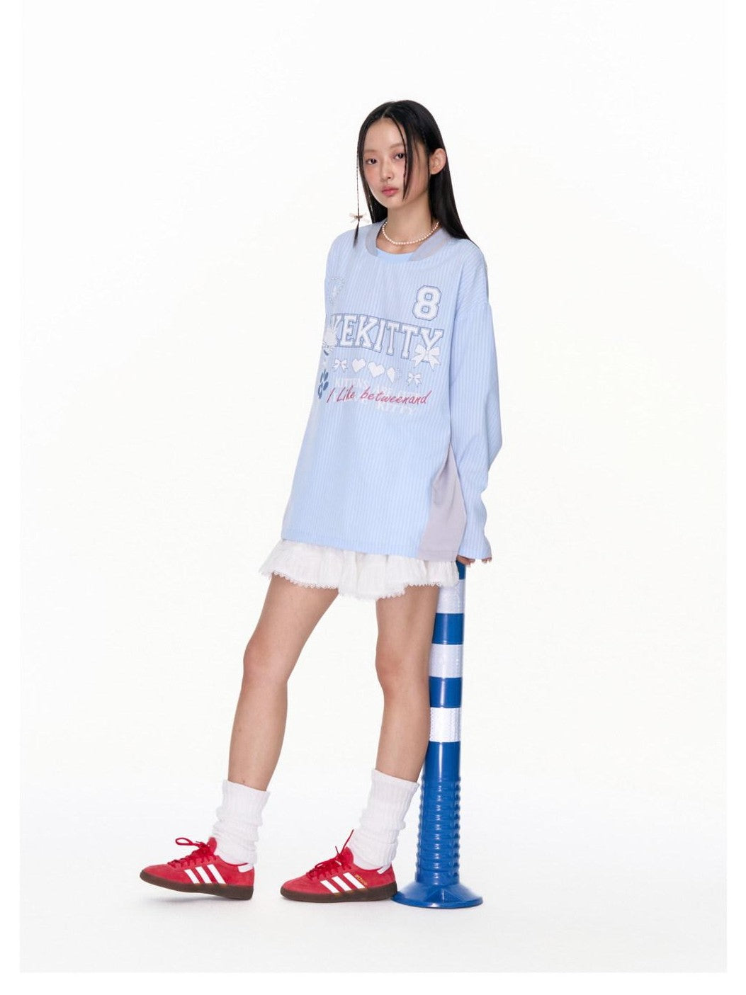 BETWEENAND Blue Striped Fun Print Spliced Sporty Women&