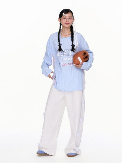 BETWEENAND Blue Striped Fun Print Spliced Sporty Women&