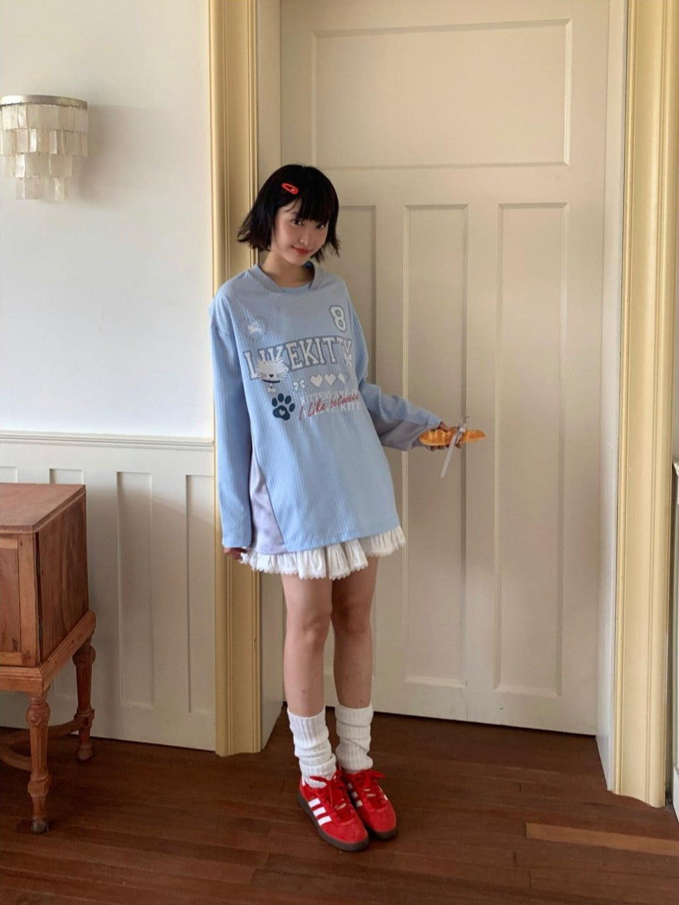 BETWEENAND Blue Striped Fun Print Spliced Sporty Women&