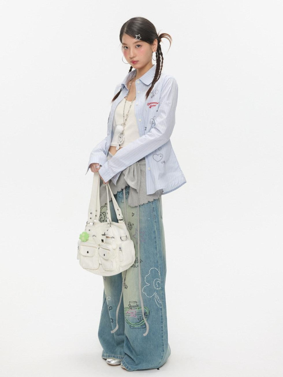 BETWEENAND Blue Striped Waist Cinch Stand Collar Long Sleeve Slim Women&