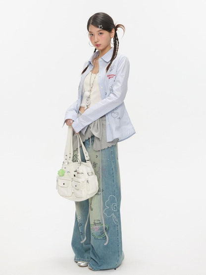 BETWEENAND Blue Striped Waist Cinch Stand Collar Long Sleeve Slim Women&