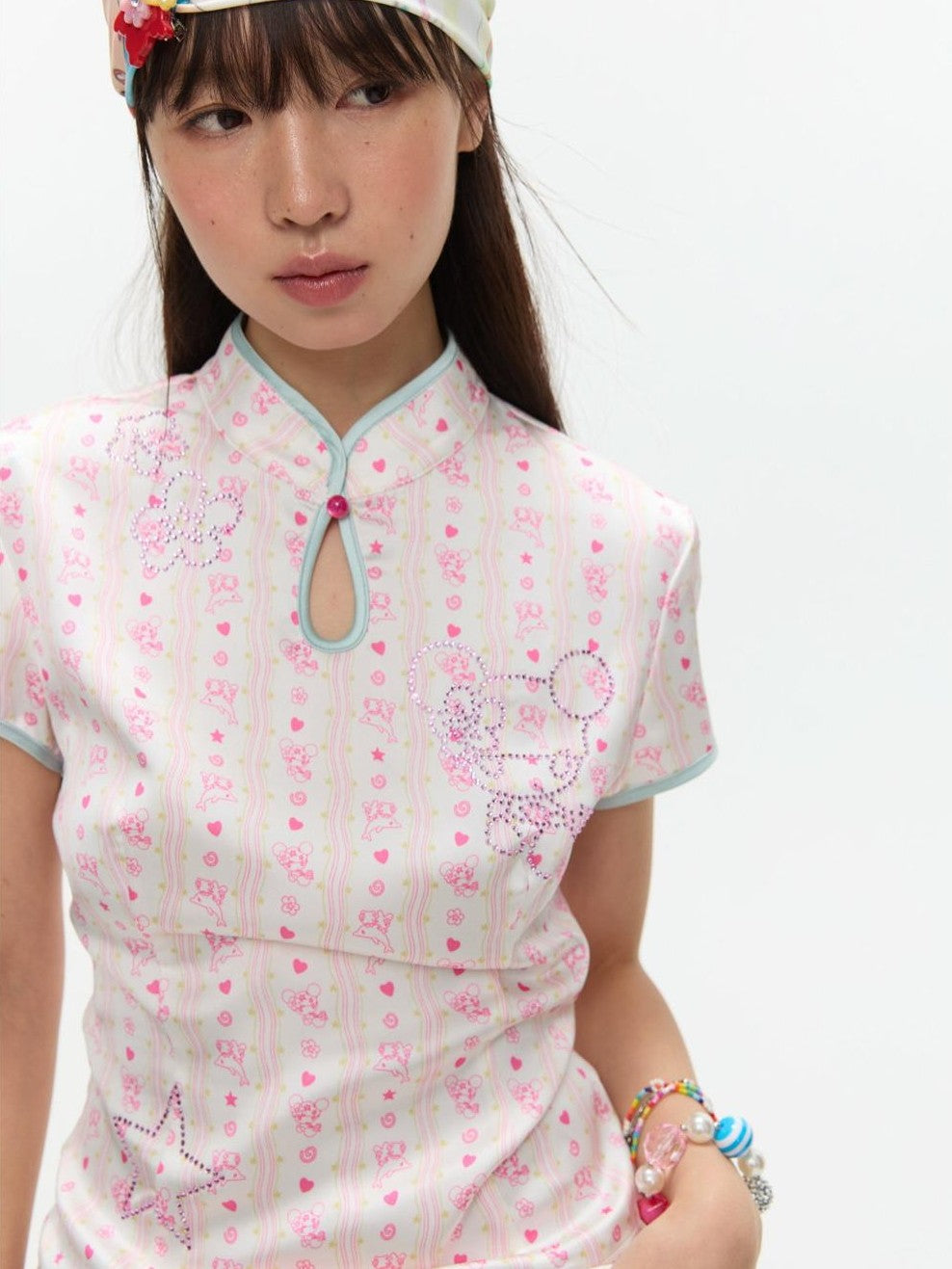BETWEENAND Blush Chinese Illustrated Print Rhinestone Women&
