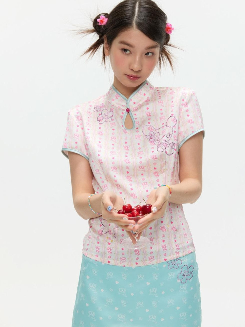 BETWEENAND Blush Chinese Illustrated Print Rhinestone Women&