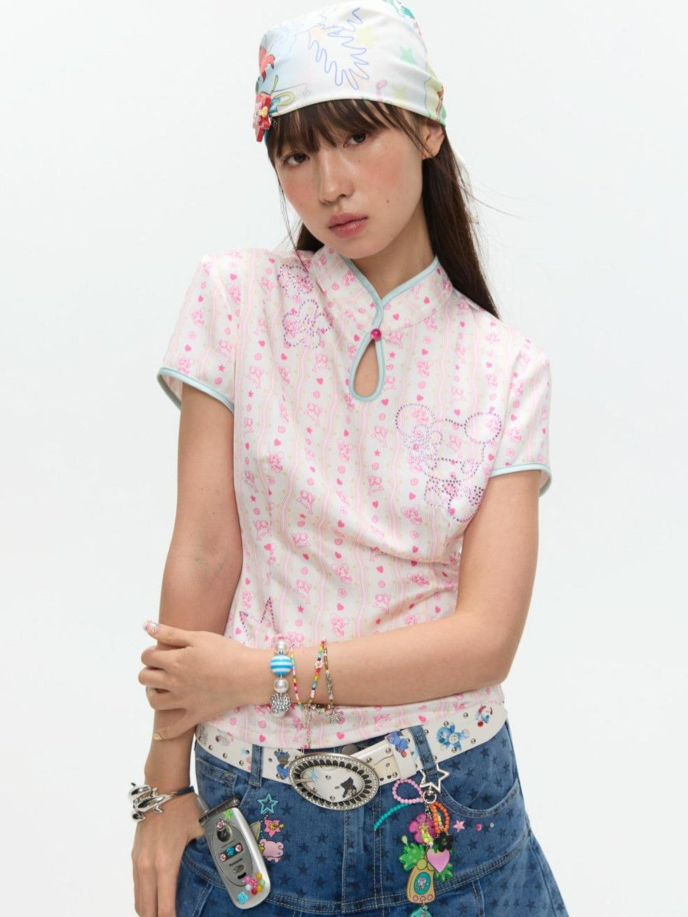 BETWEENAND Blush Chinese Illustrated Print Rhinestone Women&